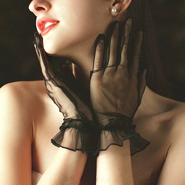 black gloves lace full finger gloves short tulle etiquette stretchy lotus leaf sheers mittens wedding, White
black gloves lace full finger gloves short tulle etiquette stretchy lotus leaf sheers mittens wedding, White