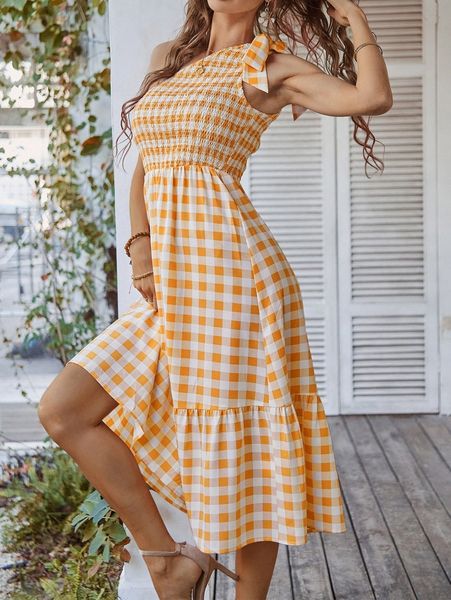 gingham one shoulder bow detail ruffle hem dress z9oj#, Black;gray
gingham one shoulder bow detail ruffle hem dress z9oj#, Black;gray