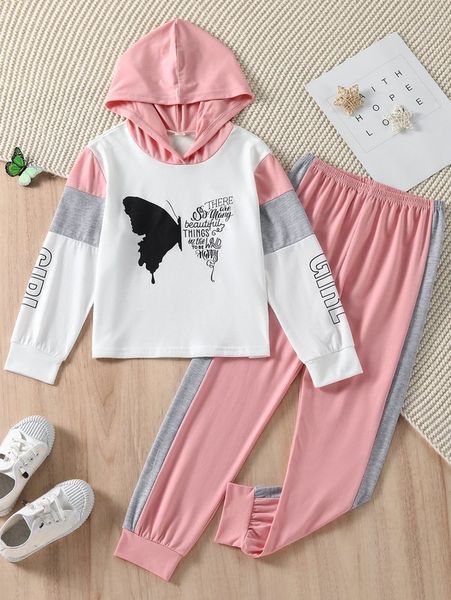 girls color block butterfly and slogan graphic hooded & pants she, White
girls color block butterfly and slogan graphic hooded & pants she, White