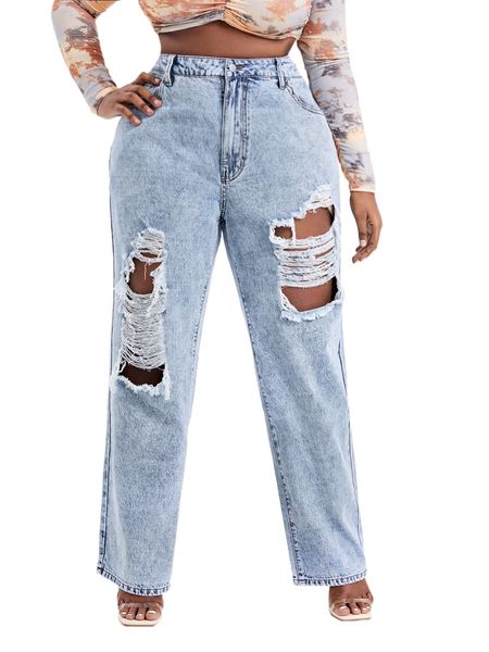 plus high waist ripped cut out straight leg jeans e1uf#, Blue
plus high waist ripped cut out straight leg jeans e1uf#, Blue
