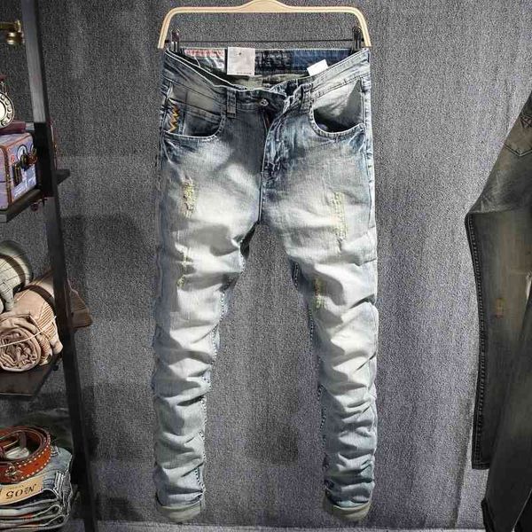 men's jeans fashionable style hole patch jeans men's fashion brand slim fit feet korean elastic casual pants 8dvg, Blue