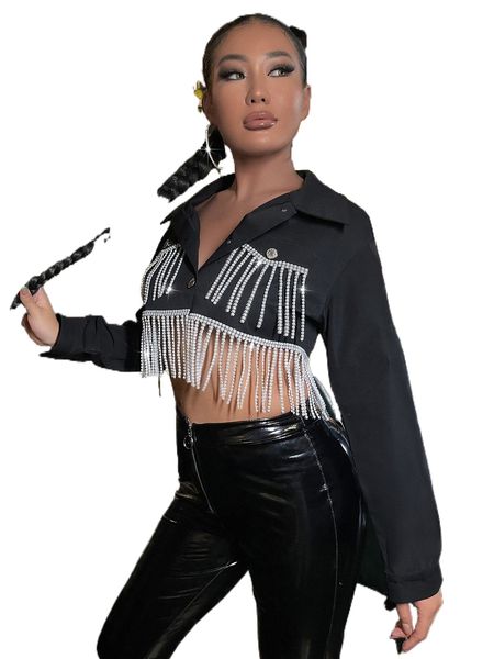 sxy rhinestone fringe trim crop jacket m1uo#, Black;brown