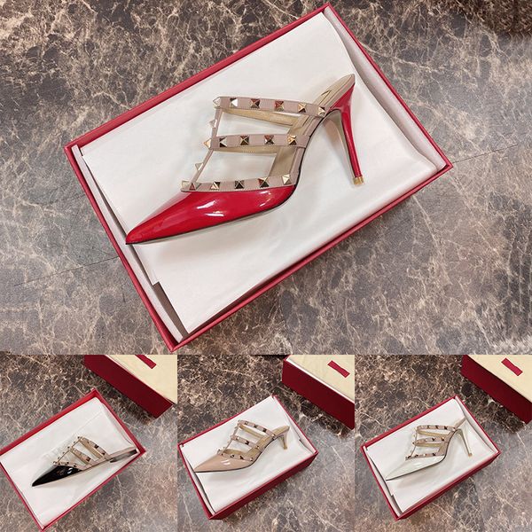 designer womens dress shoes luxury sandal calfskin patent leather studs pumps with box fashion high heels flat slipper rose cannelle red wed, Black
designer womens dress shoes luxury sandal calfskin patent leather studs pumps with box fashion high heels flat slipper rose cannelle red wed, Black