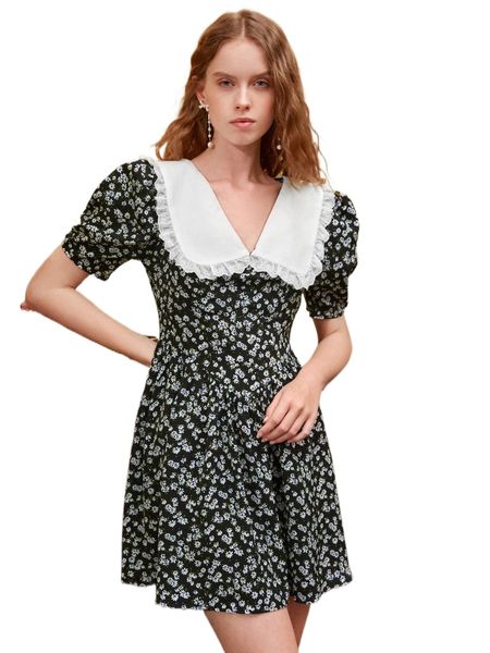 mod ditsy floral contrast peter pan collar a-line dress i9gl#, Black;gray