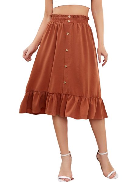fake buttons ruffle hem skirt o9n4#, Black