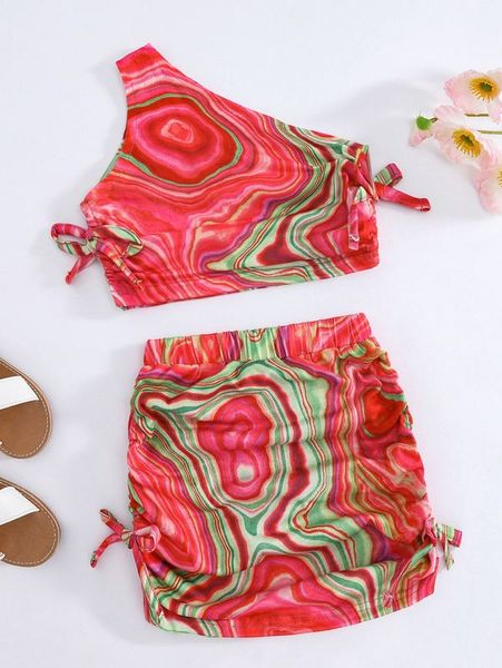 toddler girls marble print one shoulder knot side & skirt she, White