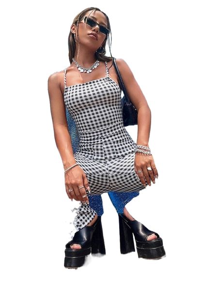 gingham print criss cross tie backless cami jumpsuit 8951#, Black;white
gingham print criss cross tie backless cami jumpsuit 8951#, Black;white