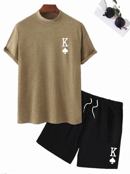 men playing card print tee & drawstring shorts n2lr#, Gray 
men playing card print tee & drawstring shorts n2lr#, Gray