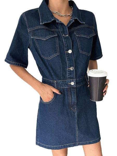 dazy flap pocket button front denim shirt dress q89p#, Black;gray