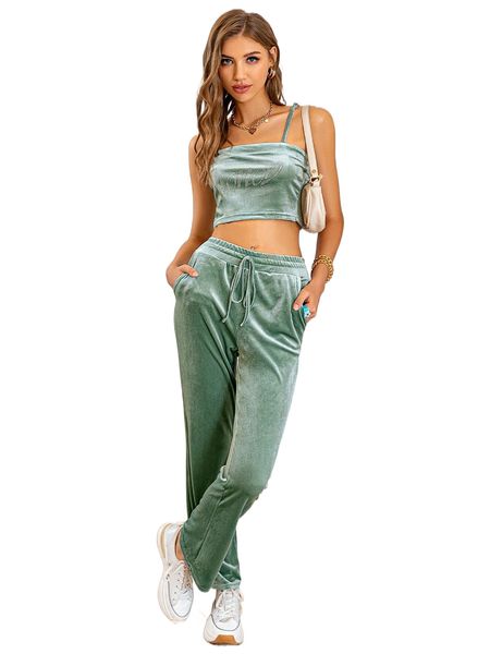 simplee rhinestone letter pattern crop velvet cami & knot front pants n4cp#, White
simplee rhinestone letter pattern crop velvet cami & knot front pants n4cp#, White