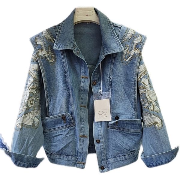 spring autumn ins embroidery denim coat loose slimming jeans jacket women long sleeves fashion veste femme 220809, Black;brown 
spring autumn ins embroidery denim coat loose slimming jeans jacket women long sleeves fashion veste femme 220809, Black;brown