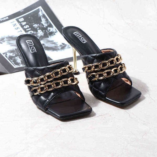 women slippers sandals 9.5cm heel heels female shoes summer metal chain ladies slipper fashion outdoor casual slides mules 220610, Black