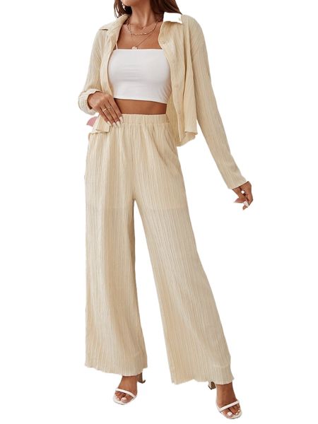button front solid shirt & wide leg pants set d9yn#, White