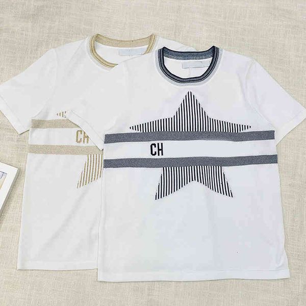 women's knits tees d summer fashion gold thread five pointed star pattern jacquard embroidery round neck loose knit short sleeve, White
women's knits tees d summer fashion gold thread five pointed star pattern jacquard embroidery round neck loose knit short sleeve, White