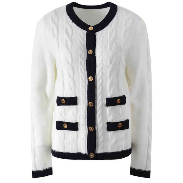 women's knits tees autumn and winter round neck color contrast sweater cardigan jacket gold button single breasted elegant temperament, White
women's knits tees autumn and winter round neck color contrast sweater cardigan jacket gold button single breasted elegant temperament, White