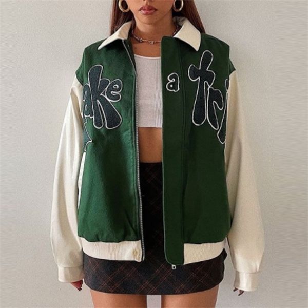 autumn take a trip bomber jacket women letter applique loose baseball jacket grass green contrast sleeve coat outerwear 220817, Black;brown
autumn take a trip bomber jacket women letter applique loose baseball jacket grass green contrast sleeve coat outerwear 220817, Black;brown