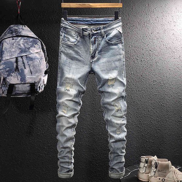 men's jeans trendy brand nostalgic torn jeans men's fashion korean slim fit legged elastic youth pants zw63, Blue
men's jeans trendy brand nostalgic torn jeans men's fashion korean slim fit legged elastic youth pants zw63, Blue