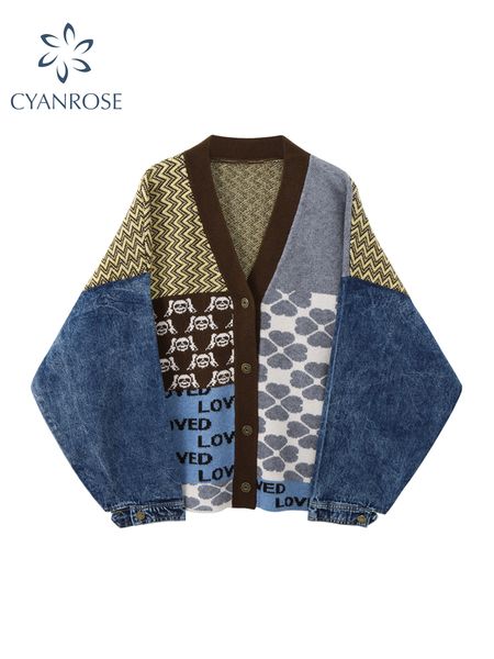 vintage knitted cardigan sweater women patchwork denim coat v neck long sleeve knitwear casual loose outwear female 220809, White 
vintage knitted cardigan sweater women patchwork denim coat v neck long sleeve knitwear casual loose outwear female 220809, White