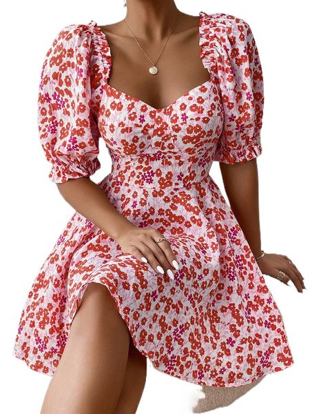 allover floral print sweetheart neck puff sleeve a-line dress y4my#, Black;gray
allover floral print sweetheart neck puff sleeve a-line dress y4my#, Black;gray