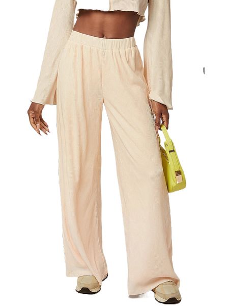 solid elastic waist wide leg pants n2tb#, Black;white