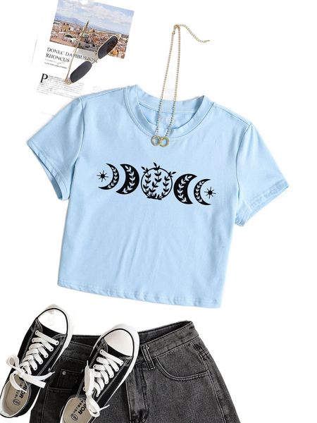 moon and plants print crop tee q3et#, White