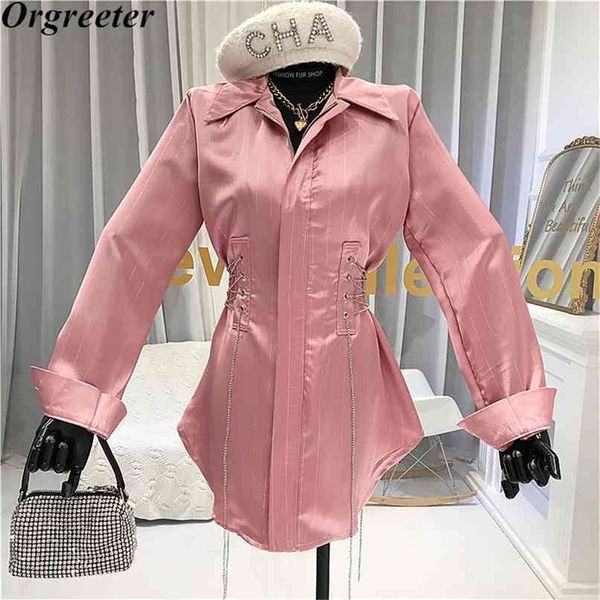 runway design ins fashion chic chain adjust waist long shirt women autumn lapel shinny striped satin blouse female 210602, White
runway design ins fashion chic chain adjust waist long shirt women autumn lapel shinny striped satin blouse female 210602, White