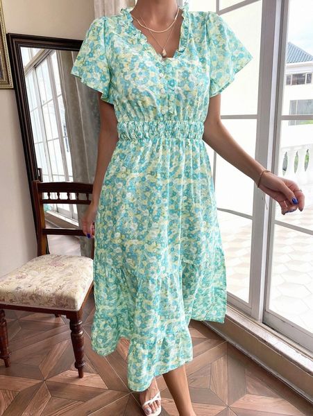 allover floral ruffle hem a-line dress w1un#, Black;gray 
allover floral ruffle hem a-line dress w1un#, Black;gray