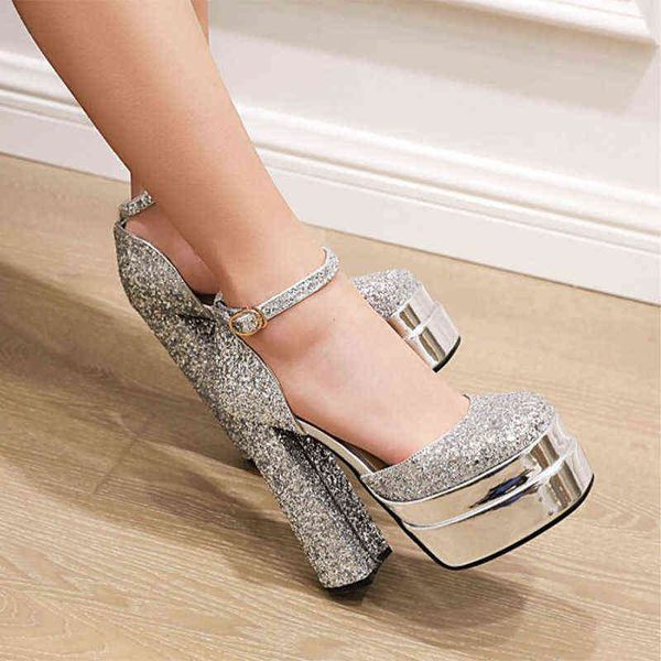women high heel sandals 2022 summer spring platform bright sequins decoration thick ankle strap ladies shoes 220711, Black
women high heel sandals 2022 summer spring platform bright sequins decoration thick ankle strap ladies shoes 220711, Black