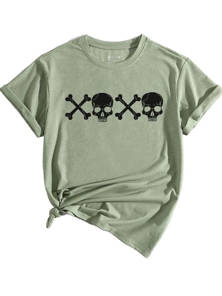 skull print round neck tee h178#, White