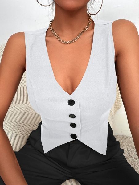 asymmetrical hem button front vest blazer m4xo#, White