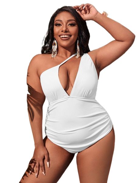 plus plain one shoulder one piece swimsuit m1qv#, White;black