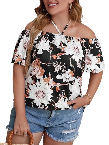 plus floral print tie back off shoulder tee g2sl#, Black 
plus floral print tie back off shoulder tee g2sl#, Black