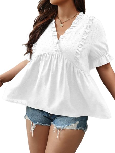 plus swiss dot frill trim flounce sleeve peplum blouse l8j3#, Black
plus swiss dot frill trim flounce sleeve peplum blouse l8j3#, Black