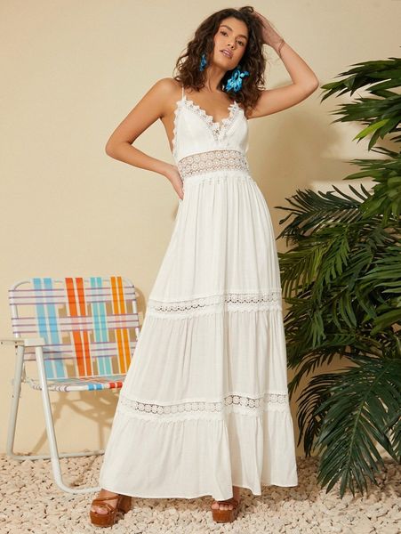 lace trim tie backless halter dress x3d3#, Black;gray