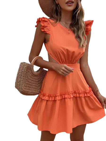 frill trim tie backless dress u91y#, Black;gray