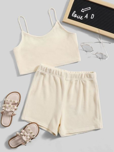 girls solid crop cami & shorts she, White