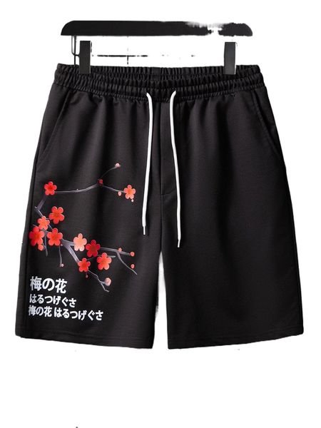 men floral & japanese letter graphic drawstring waist shorts t136#, White;black 
men floral & japanese letter graphic drawstring waist shorts t136#, White;black