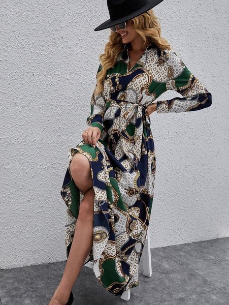 chain and geo print belted dress c3iv#, Black;gray 
chain and geo print belted dress c3iv#, Black;gray