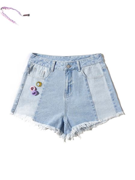 contrast panel raw trim denim shorts v4kg#, White;black