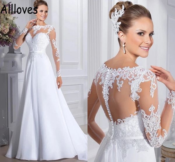 white modest satin brazil wedding gowns with illusion long sleeves lace appliqued sheer neck bridal dress buttons back sweep train a line ve
white modest satin brazil wedding gowns with illusion long sleeves lace appliqued sheer neck bridal dress buttons back sweep train a line ve