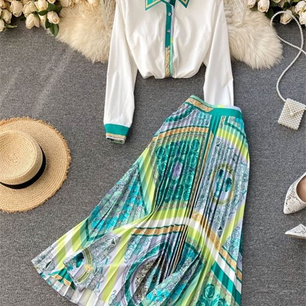 spring fashion runway midi skirt sets women's long sleeve contrast color green white shirt and pleated skirts two piece suit 220323
spring fashion runway midi skirt sets women's long sleeve contrast color green white shirt and pleated skirts two piece suit 220323