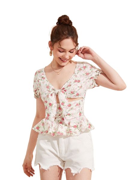 x poppy moon floral print tie front cut out ruffle hem 83dt#, White 
x poppy moon floral print tie front cut out ruffle hem 83dt#, White