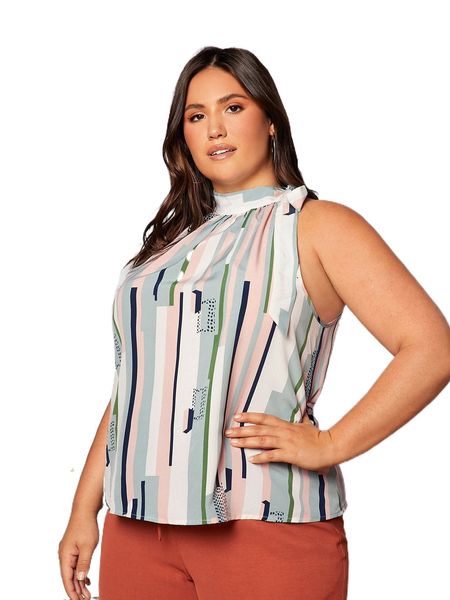 plus striped mock neck blouse 51um#, Black