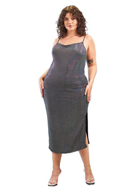 plus split thigh metallic cami dress o895#, Black
