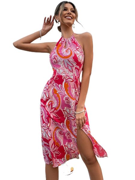 floral print backless halter dress x9nc#, Black;gray 
floral print backless halter dress x9nc#, Black;gray