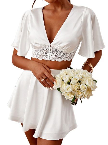 contrast lace flounce sleeve satin & skirt set k8md#, White