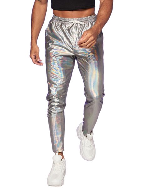 men holographic drawstring waist pants y1rf#, Black