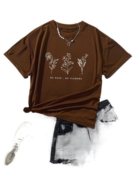 slogan & floral print tee a4dk#, White