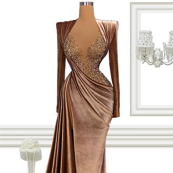 long sleeves velvet formal brown evening dresses 2022 sheer o neck corset couture mermaid prom party gowns arabic beading, Black;red
long sleeves velvet formal brown evening dresses 2022 sheer o neck corset couture mermaid prom party gowns arabic beading, Black;red