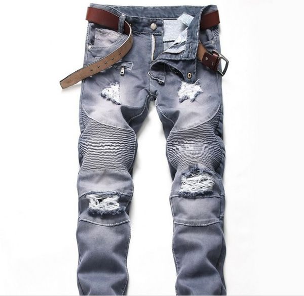 fashion men jeans moto full length straight retro hole male trousers pleated ripped pants tide aa, Blue
fashion men jeans moto full length straight retro hole male trousers pleated ripped pants tide aa, Blue